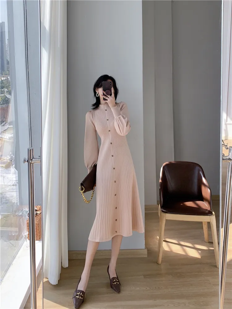 Winter Women Spring Elegant Midi Knitted Sweater Dress Autumn Female A-line Casual Clothes