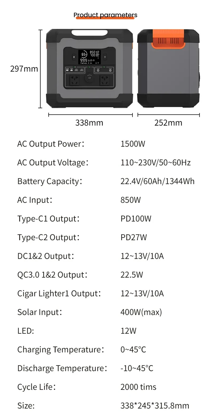 110V 220V Portable LiFePO4 Power Supply Station 1500W Solar Generator 420000mAh USB C PD AC Output Powerbank for Outdoor Camping