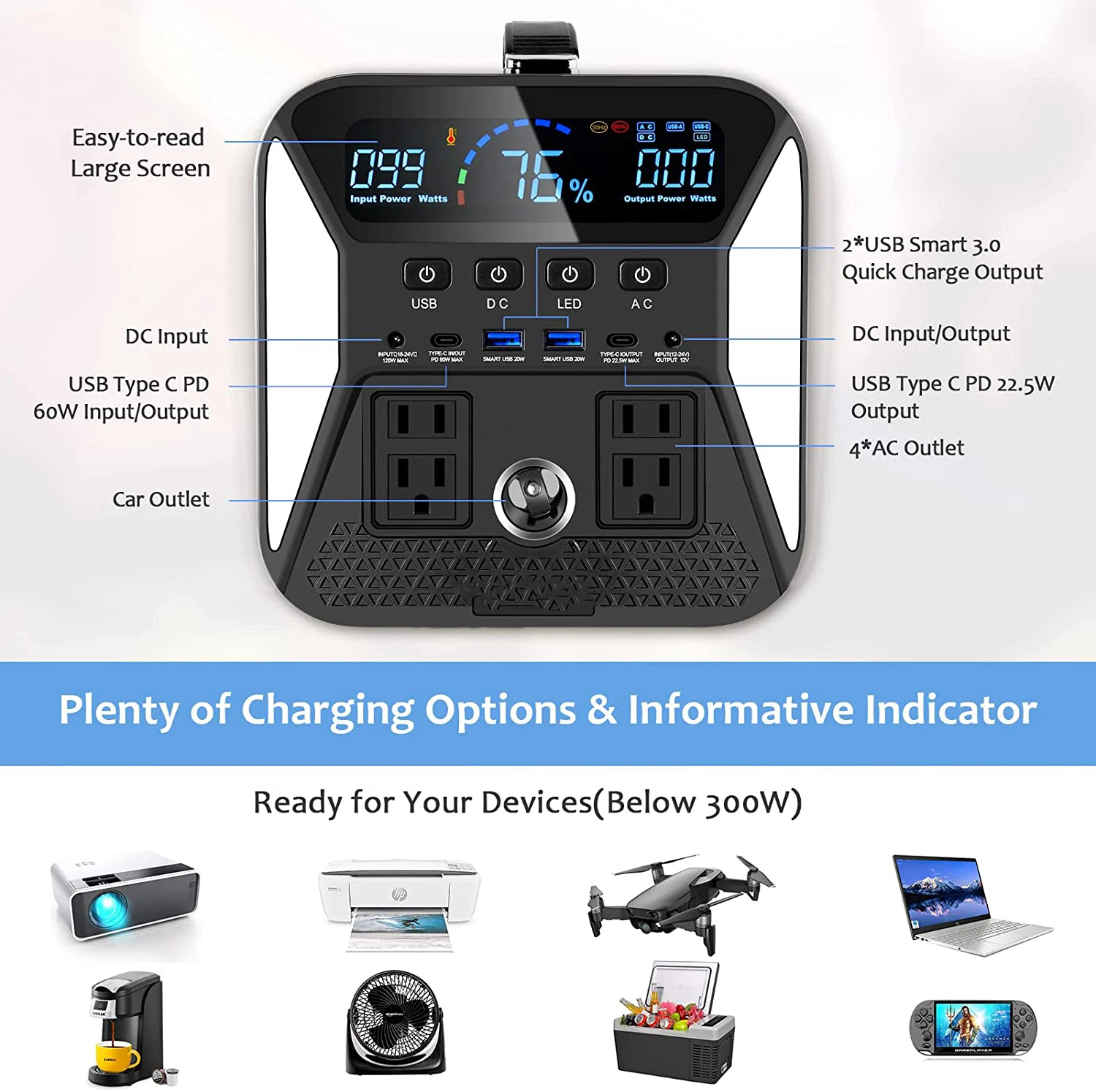 Portable Power Station Lifepo4 220V External Battery Electric Solar Generator Outdoor Camping Bank Supply 300/500/1000W