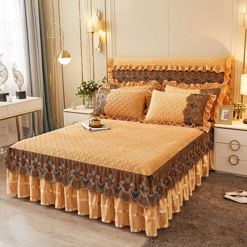 Luxury Winter Crystal Velvet Thicken Quilted Bedspread King Queen Size Flannel Bed Skirt Not Including Pillowcase