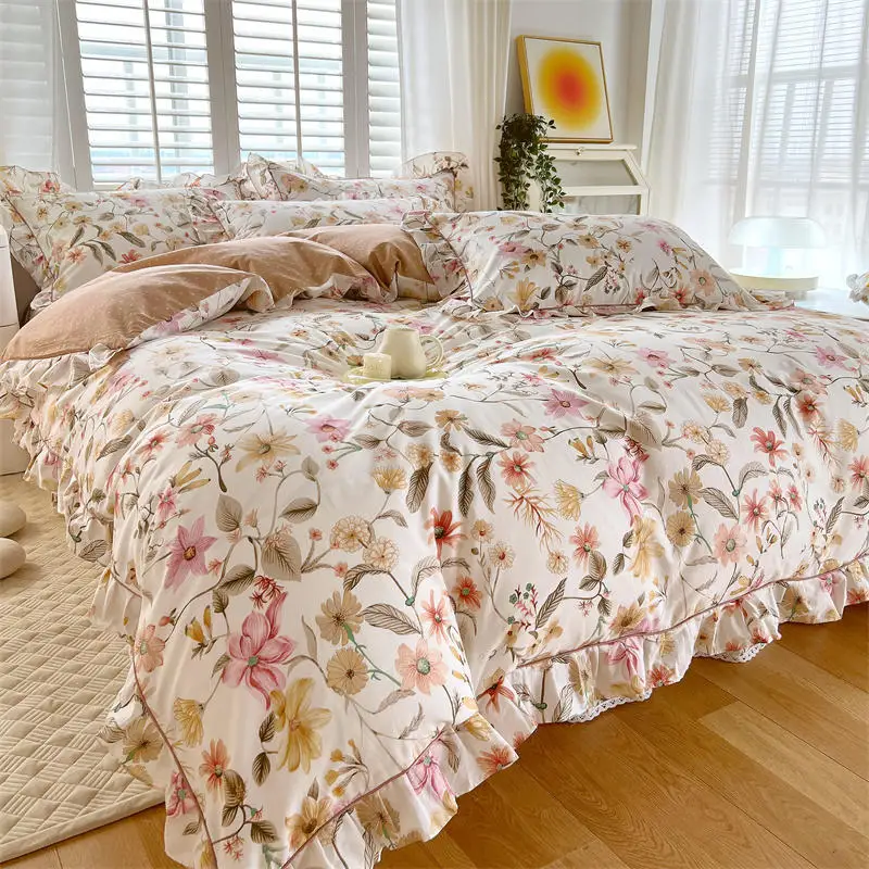 100% Cotton Duvet Cover Bed Linen Floral Bedding Set Elegant Flower Quilt Cover Single Queen King Size