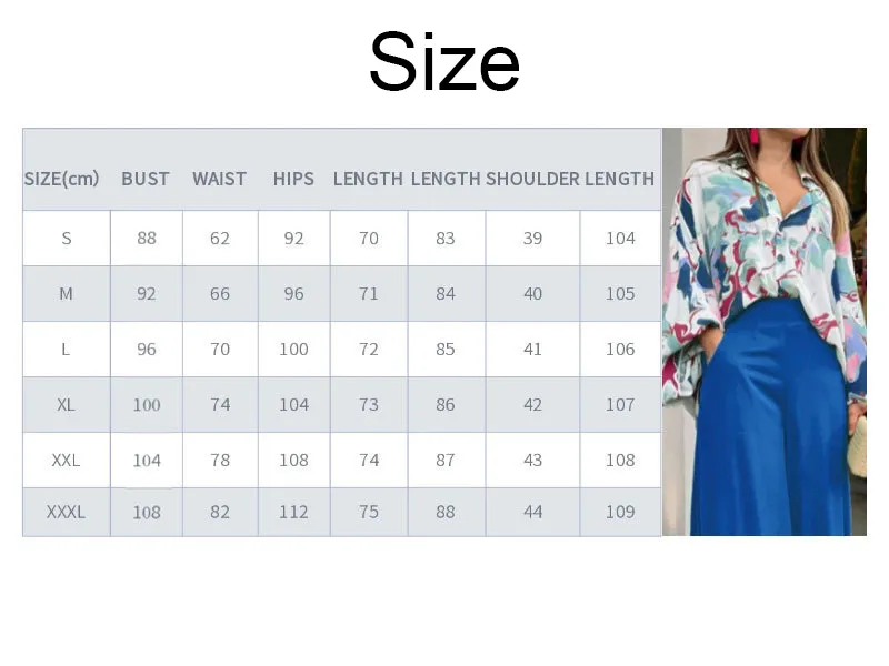 Plus Size Print Women's Set Long Sleeve Shirt Tops and Straight Wide Leg Pants Elegant Tracksuit Two 2 Piece Set Fitness Outfits