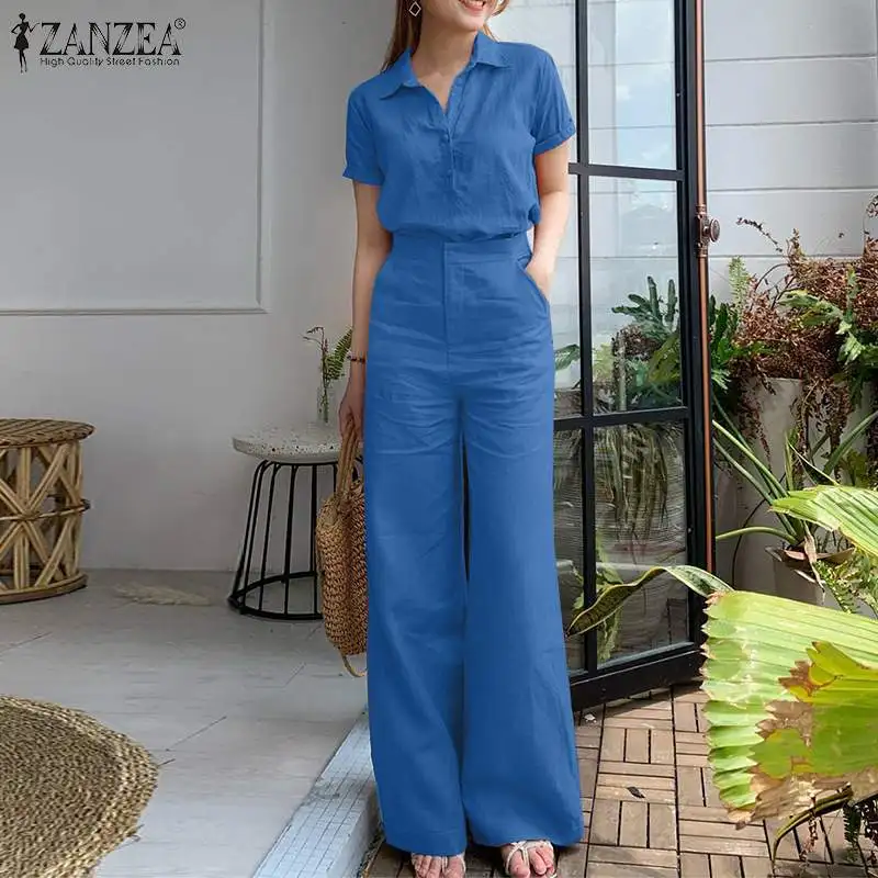 Summer Women Matching Sets OL Work Outfits Causal Short Sleeve Shirt Loose Wide Leg Pants Fashion Suit Urban Tracksuits