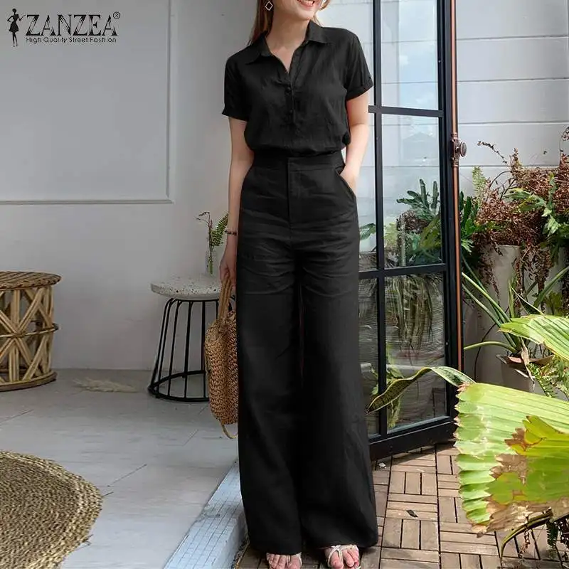 Summer Women Matching Sets OL Work Outfits Causal Short Sleeve Shirt Loose Wide Leg Pants Fashion Suit Urban Tracksuits