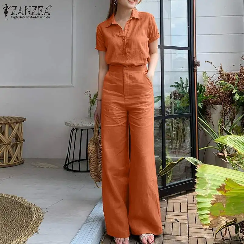 Summer Women Matching Sets OL Work Outfits Causal Short Sleeve Shirt Loose Wide Leg Pants Fashion Suit Urban Tracksuits