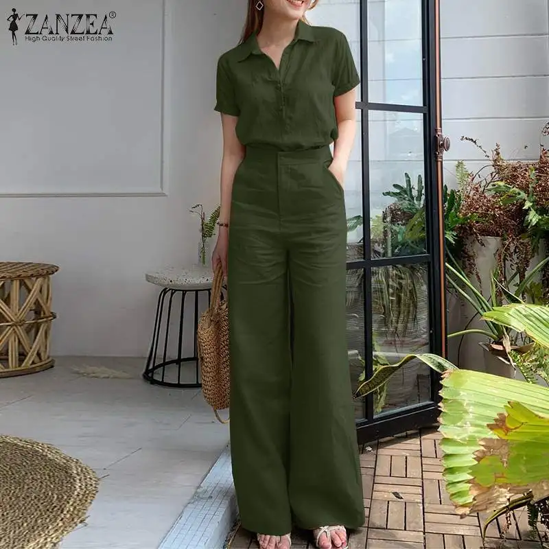 Summer Women Matching Sets OL Work Outfits Causal Short Sleeve Shirt Loose Wide Leg Pants Fashion Suit Urban Tracksuits