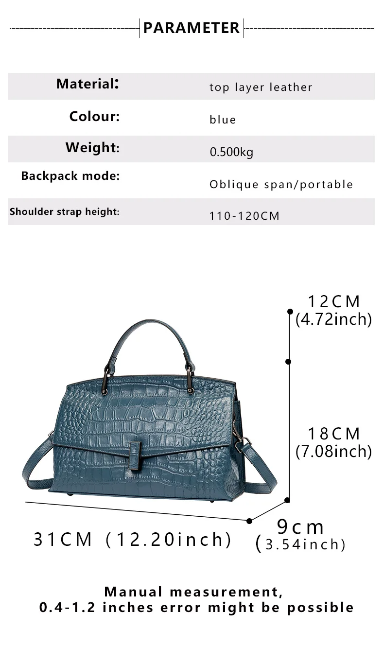 Leather women's bag, crocodile-pattern, shoulder cross-body bag, large capacity cowhide briefcase