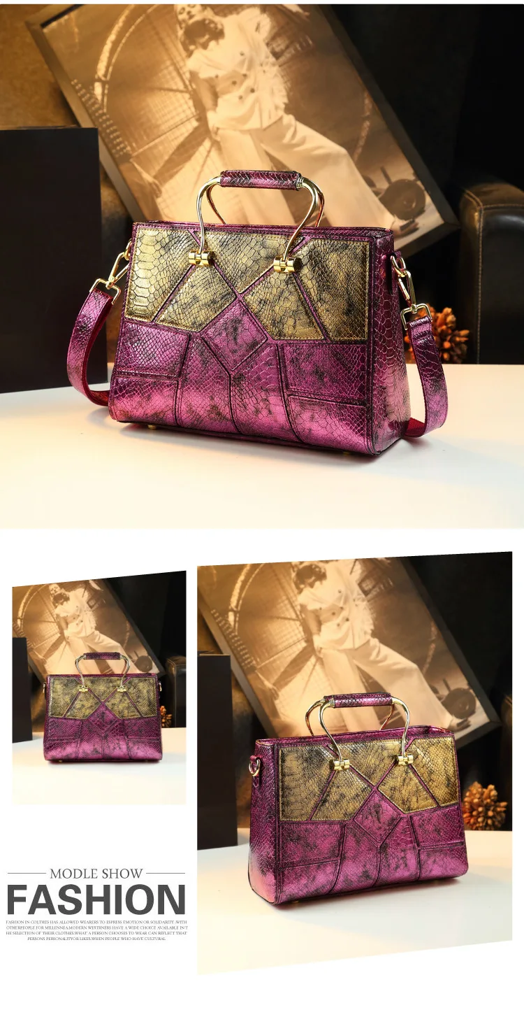 New Women's Exquisite Geometric Pattern Casual Real Leather Bag Middle aged One Shoulder Handbag