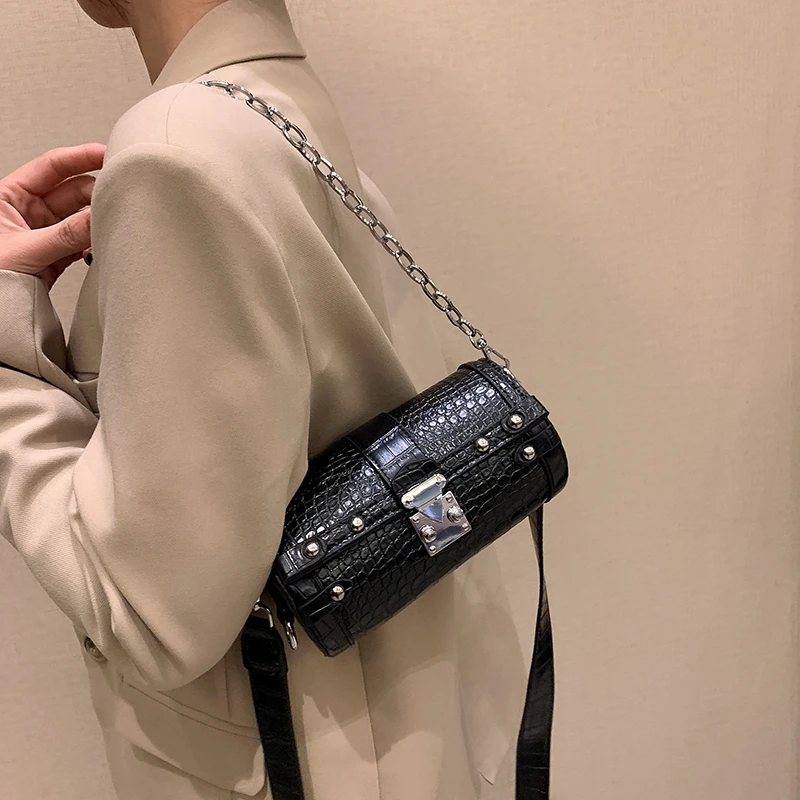 Brand Retro Cylindrical Bag Crocodile Print Shoulder Bags for Women Chain Crossbody Bag Designer Lock Handbags and Purses Female