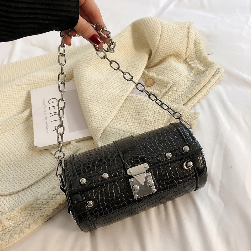 Brand Retro Cylindrical Bag Crocodile Print Shoulder Bags for Women Chain Crossbody Bag Designer Lock Handbags and Purses Female