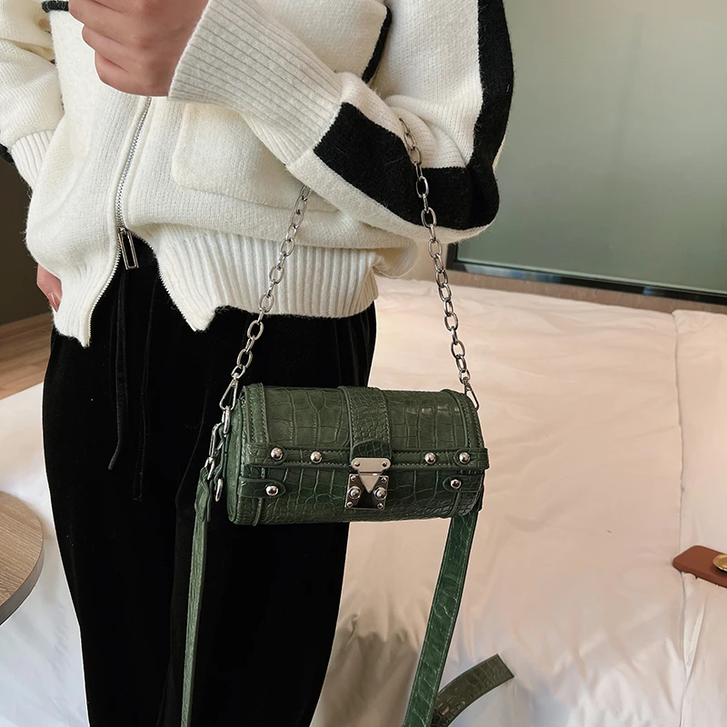 Brand Retro Cylindrical Bag Crocodile Print Shoulder Bags for Women Chain Crossbody Bag Designer Lock Handbags and Purses Female