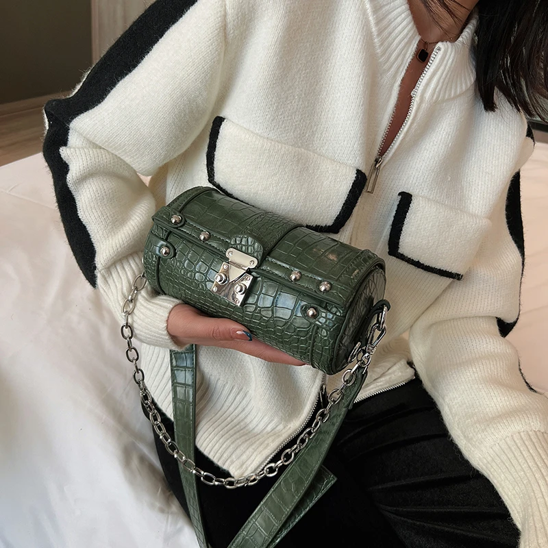 Brand Retro Cylindrical Bag Crocodile Print Shoulder Bags for Women Chain Crossbody Bag Designer Lock Handbags and Purses Female