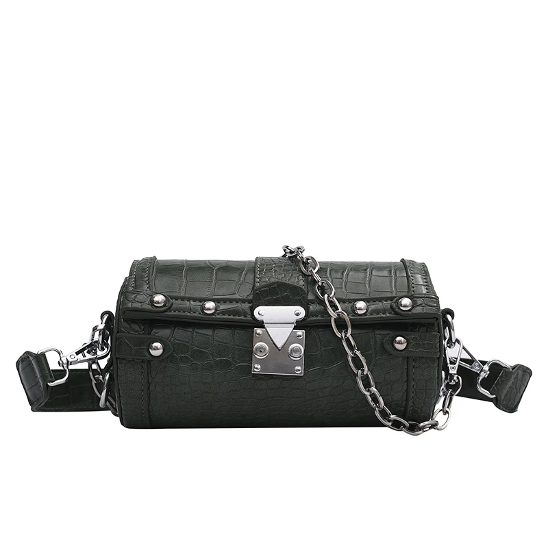 Brand Retro Cylindrical Bag Crocodile Print Shoulder Bags for Women Chain Crossbody Bag Designer Lock Handbags and Purses Female