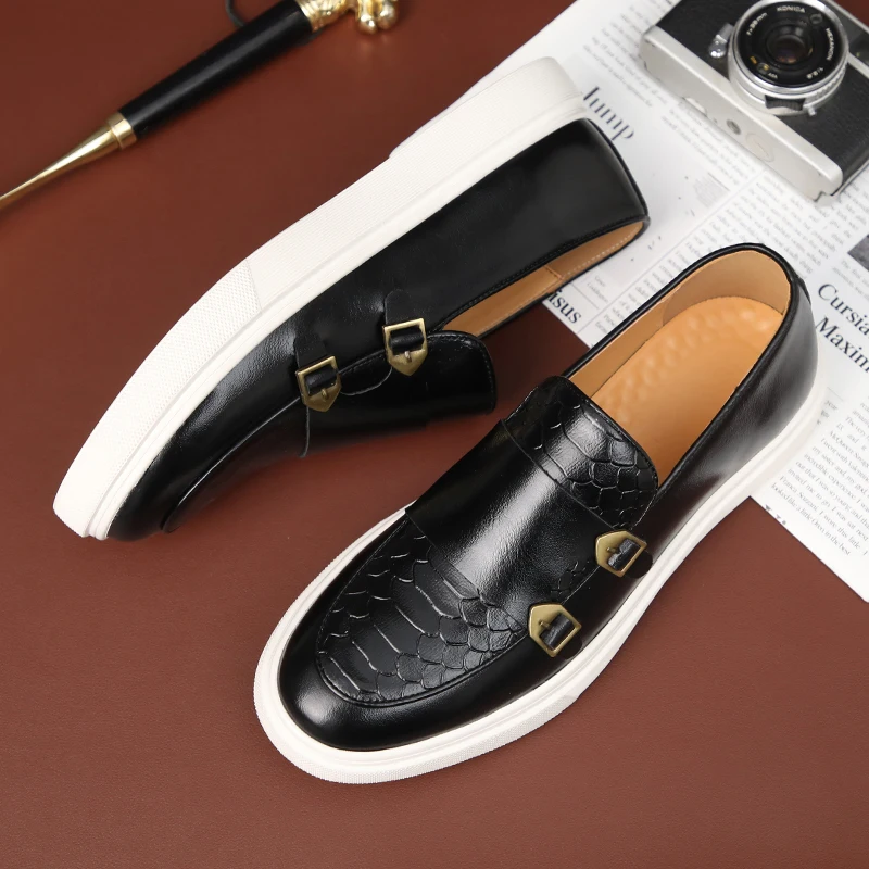 Britain Retro Fashion New Men's Black Brown Flats Monk Strap Leather Shoes Casual Loafers Formal Dress Footwear Zapatos Hombre