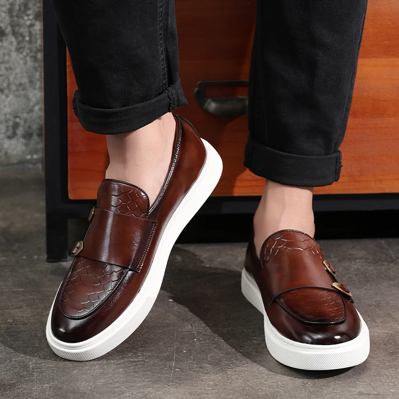 Britain Retro Fashion New Men's Black Brown Flats Monk Strap Leather Shoes Casual Loafers Formal Dress Footwear Zapatos Hombre