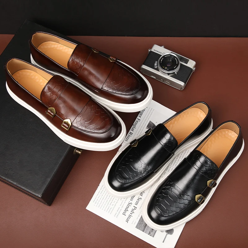 Britain Retro Fashion New Men's Black Brown Flats Monk Strap Leather Shoes Casual Loafers Formal Dress Footwear Zapatos Hombre