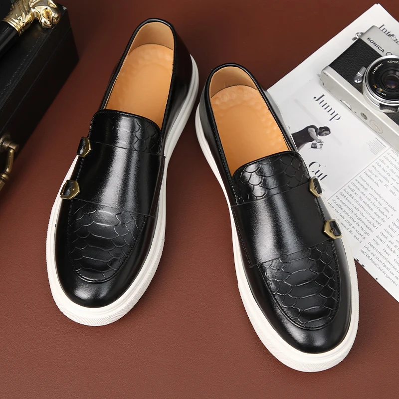 Britain Retro Fashion New Men's Black Brown Flats Monk Strap Leather Shoes Casual Loafers Formal Dress Footwear Zapatos Hombre