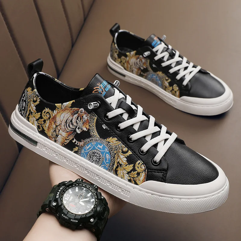 New gold high-end printed men's shoes leather breathable men's board shoes fashion casual shoes A3 A3