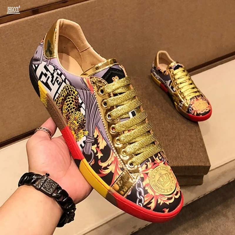 New gold high-end printed men's shoes leather breathable men's board shoes fashion casual shoes A3 A3