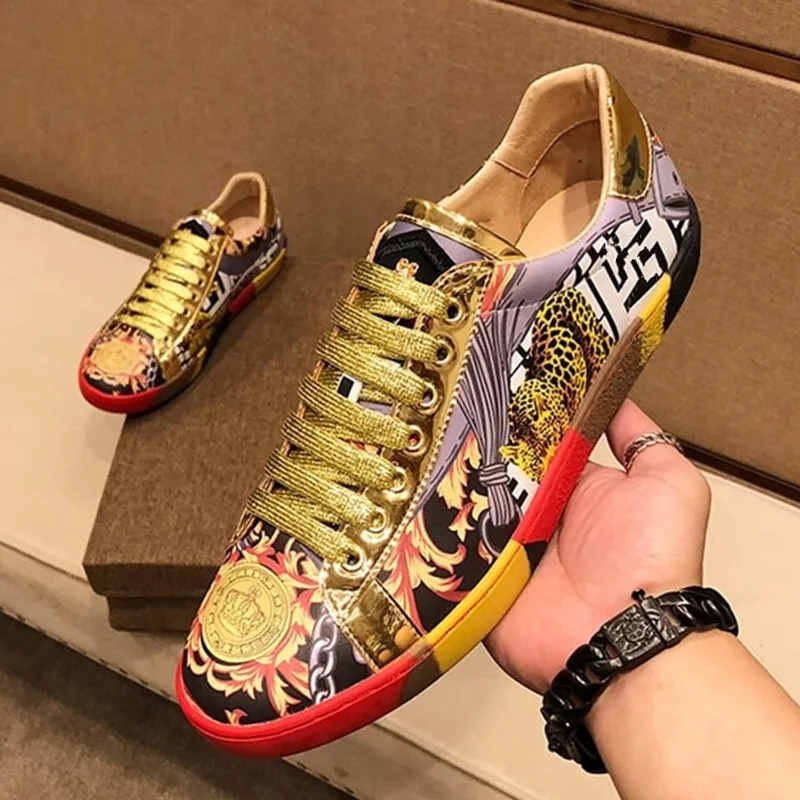 New gold high-end printed men's shoes leather breathable men's board shoes fashion casual shoes A3 A3