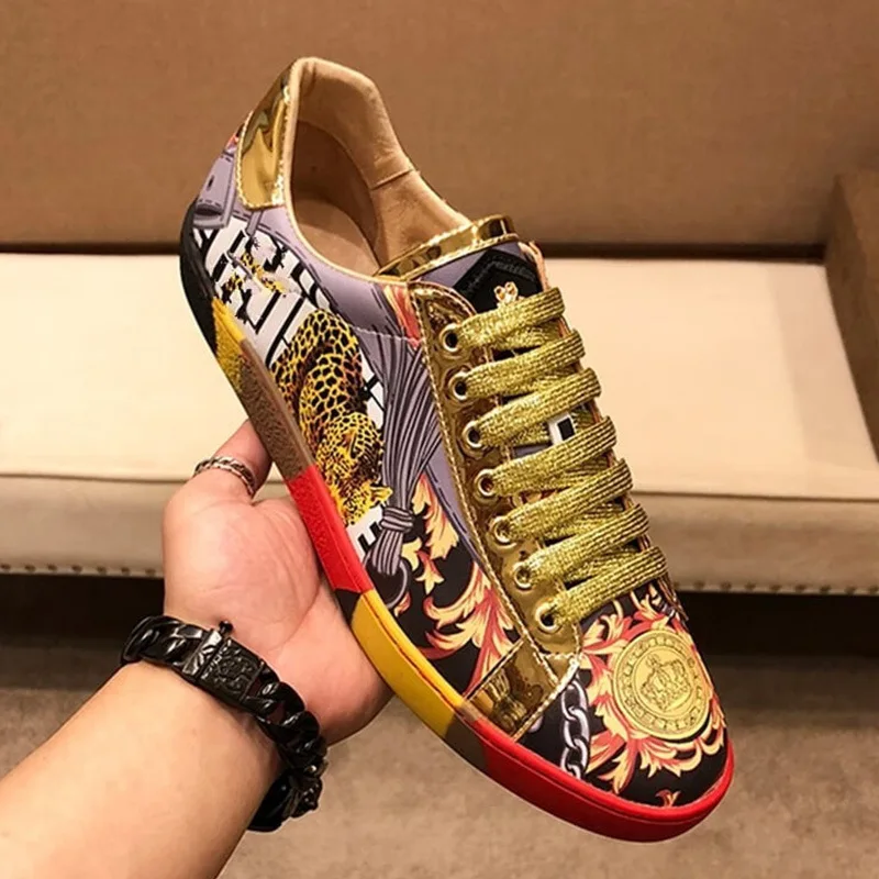 New gold high-end printed men's shoes leather breathable men's board shoes fashion casual shoes A3 A3