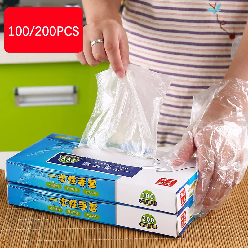 100/200Pcs Plastic Large Disposable Polyethylene Clear Gloves Food Dealing Cooking Cleaning Kitchen Restaurant BBQ Accessory