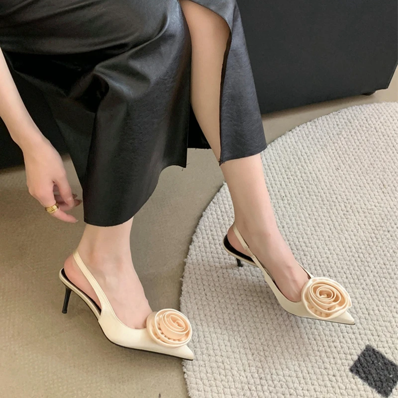 SUOJIALUN 2024 Spring New Brand Women Sandal Fashion Big Flower Ladies Elegant Slingback Shoes Thin High Heel Dress Pumps Shoes