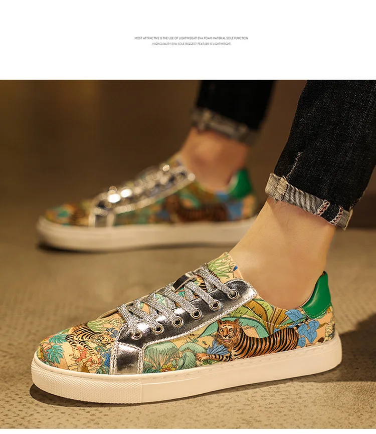 New Men Luxury Casual Shoes Gentleman Summer Breathable Fabric Flats Skateboard Shoes Leisure Tiger Print Loafers