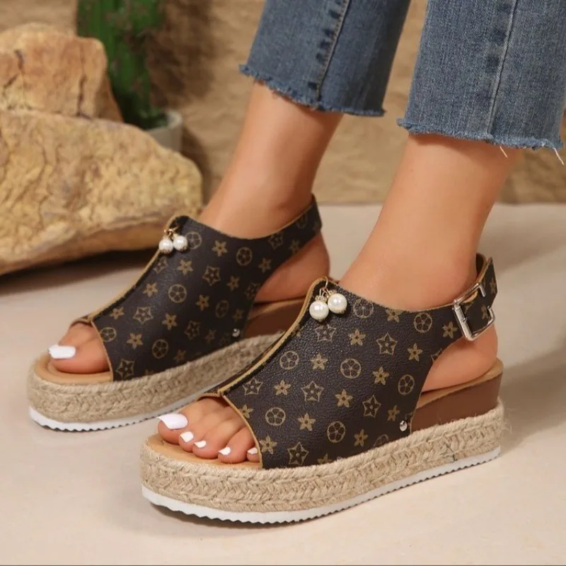 Metal Decoration Women's Wedges Sandals 2024 Summer Snake Print Platform Gladiator Shoes Woman Comfort Casual Med Heels Sandals