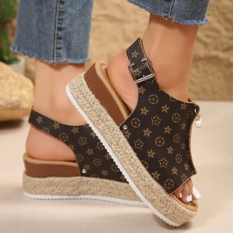 Metal Decoration Women's Wedges Sandals 2024 Summer Snake Print Platform Gladiator Shoes Woman Comfort Casual Med Heels Sandals