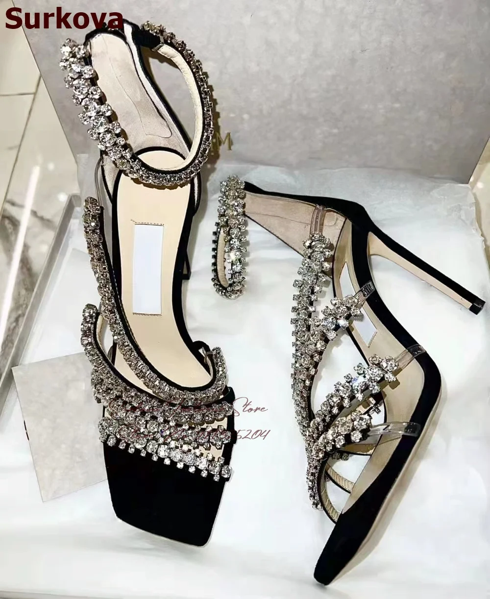 Surkova Bling Bling Crysal Floral Strappy Thin High Heel Sandals Black Suede Square Toe Stiletto Wedding Pumps Rhinestone