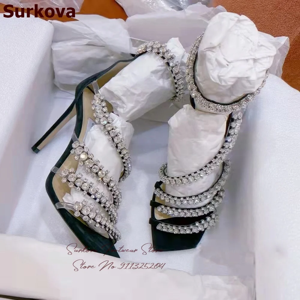Surkova Bling Bling Crysal Floral Strappy Thin High Heel Sandals Black Suede Square Toe Stiletto Wedding Pumps Rhinestone