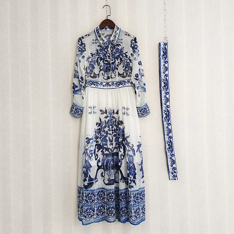 Designer Fashion Women Dress 2024 Spring Summer Porcelian Blue Flower Print Belt Beading Sequined Long Elegant Party