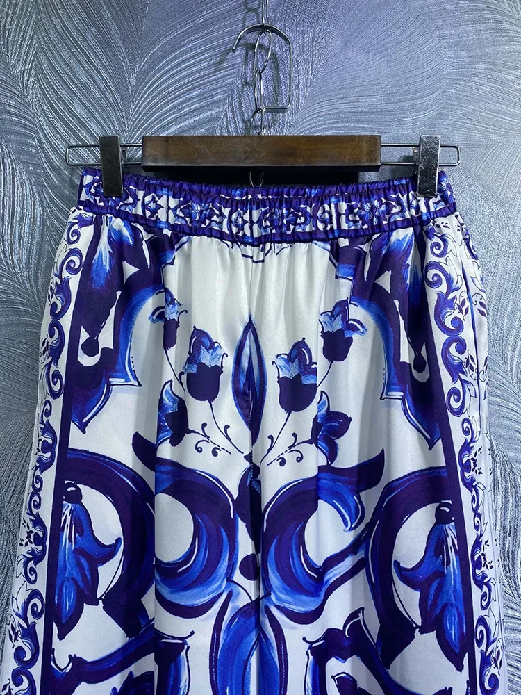 High Quality Autumn Women Fashion Runway Pants Set Blue And White Porcelain Long Sleeve Blouses + Wide Leg Pants Suits