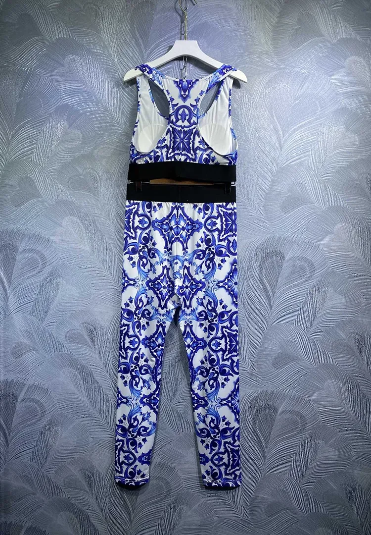 High Quality Summer Women Fashion Runway Three Pieces Set Blue And White Porcelain Long Robe + Tank Tops + Long Pants