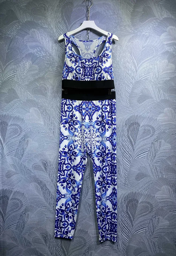 High Quality Summer Women Fashion Runway Three Pieces Set Blue And White Porcelain Long Robe + Tank Tops + Long Pants