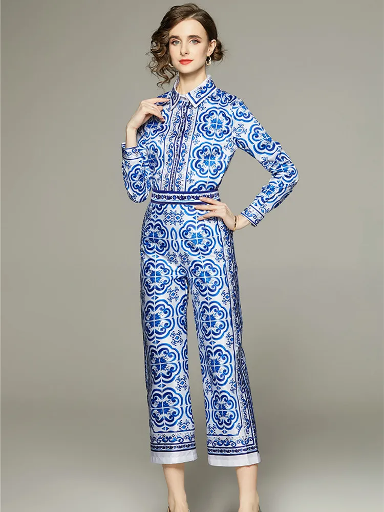 Spring Summer Blue And White Porcelain Flower Print Satin Suit Women's Long Sleeve Shirt Top + Ankle Wide Leg Pants Set Outfits