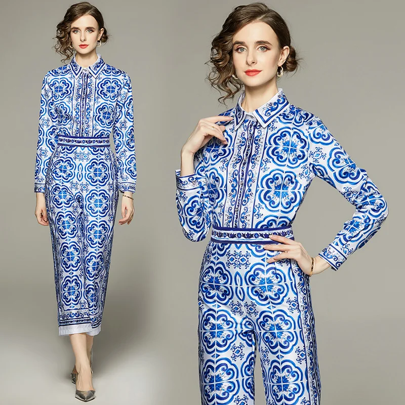 Spring Summer Blue And White Porcelain Flower Print Satin Suit Women's Long Sleeve Shirt Top + Ankle Wide Leg Pants Set Outfits