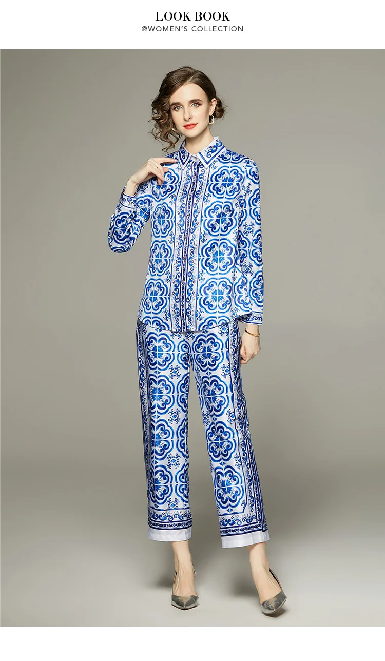 Spring Summer Blue And White Porcelain Flower Print Satin Suit Women's Long Sleeve Shirt Top + Ankle Wide Leg Pants Set Outfits