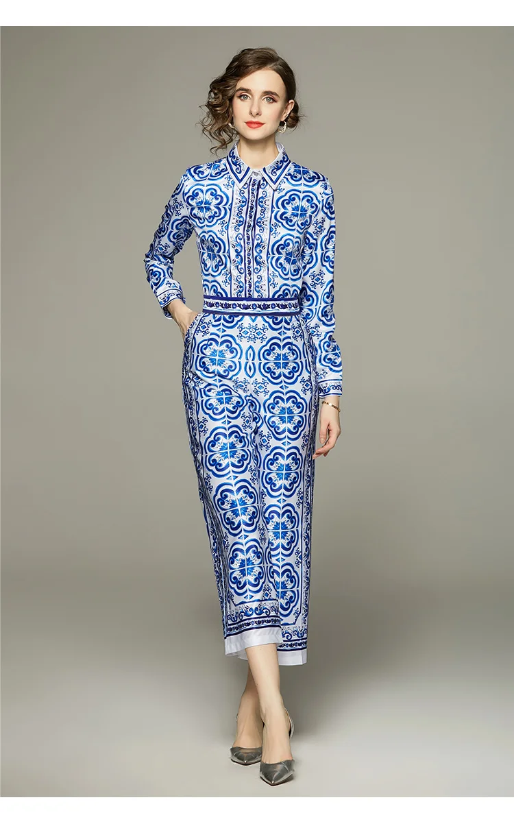 Spring Summer Blue And White Porcelain Flower Print Satin Suit Women's Long Sleeve Shirt Top + Ankle Wide Leg Pants Set Outfits