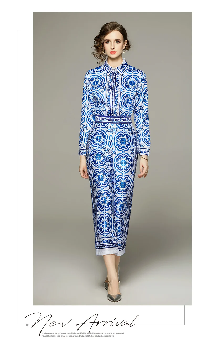 Spring Summer Blue And White Porcelain Flower Print Satin Suit Women's Long Sleeve Shirt Top + Ankle Wide Leg Pants Set Outfits