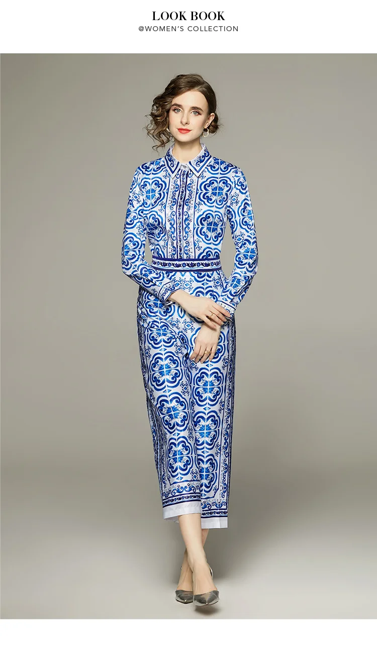 Spring Summer Blue And White Porcelain Flower Print Satin Suit Women's Long Sleeve Shirt Top + Ankle Wide Leg Pants Set Outfits