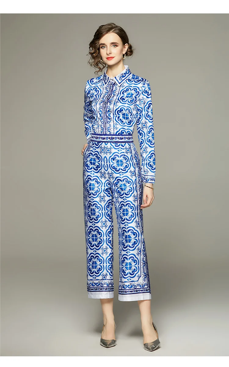 Spring Summer Blue And White Porcelain Flower Print Satin Suit Women's Long Sleeve Shirt Top + Ankle Wide Leg Pants Set Outfits