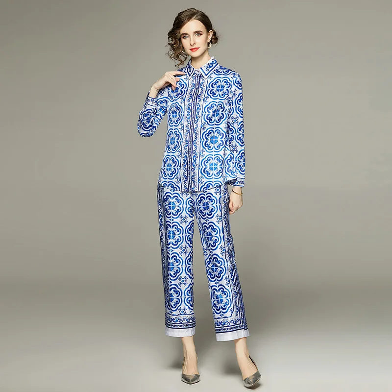 Spring Summer Blue And White Porcelain Flower Print Satin Suit Women's Long Sleeve Shirt Top + Ankle Wide Leg Pants Set Outfits