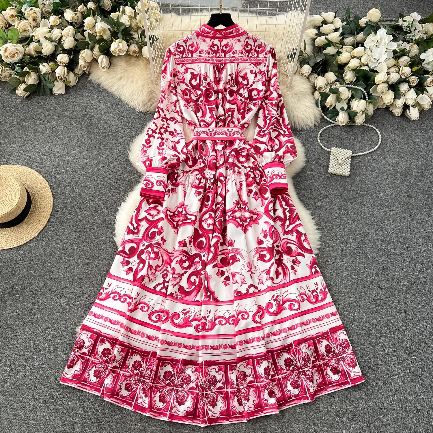 Runway Red Blue And White Porcelain Print Holiday Maxi Dress Women's Stand Single Breasted Loose Lace Up Belt Long Robe Vestido