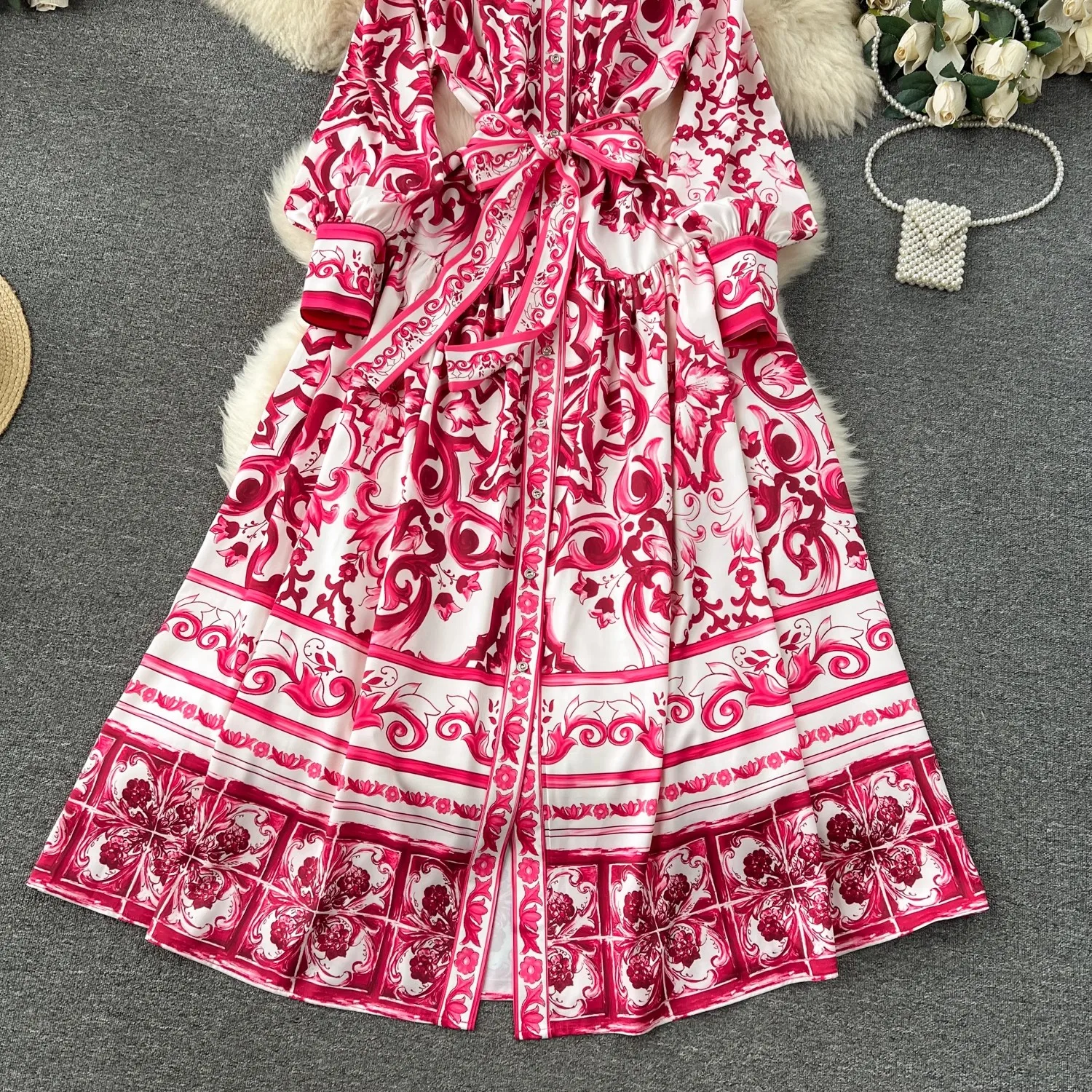 Runway Red Blue And White Porcelain Print Holiday Maxi Dress Women's Stand Single Breasted Loose Lace Up Belt Long Robe Vestido