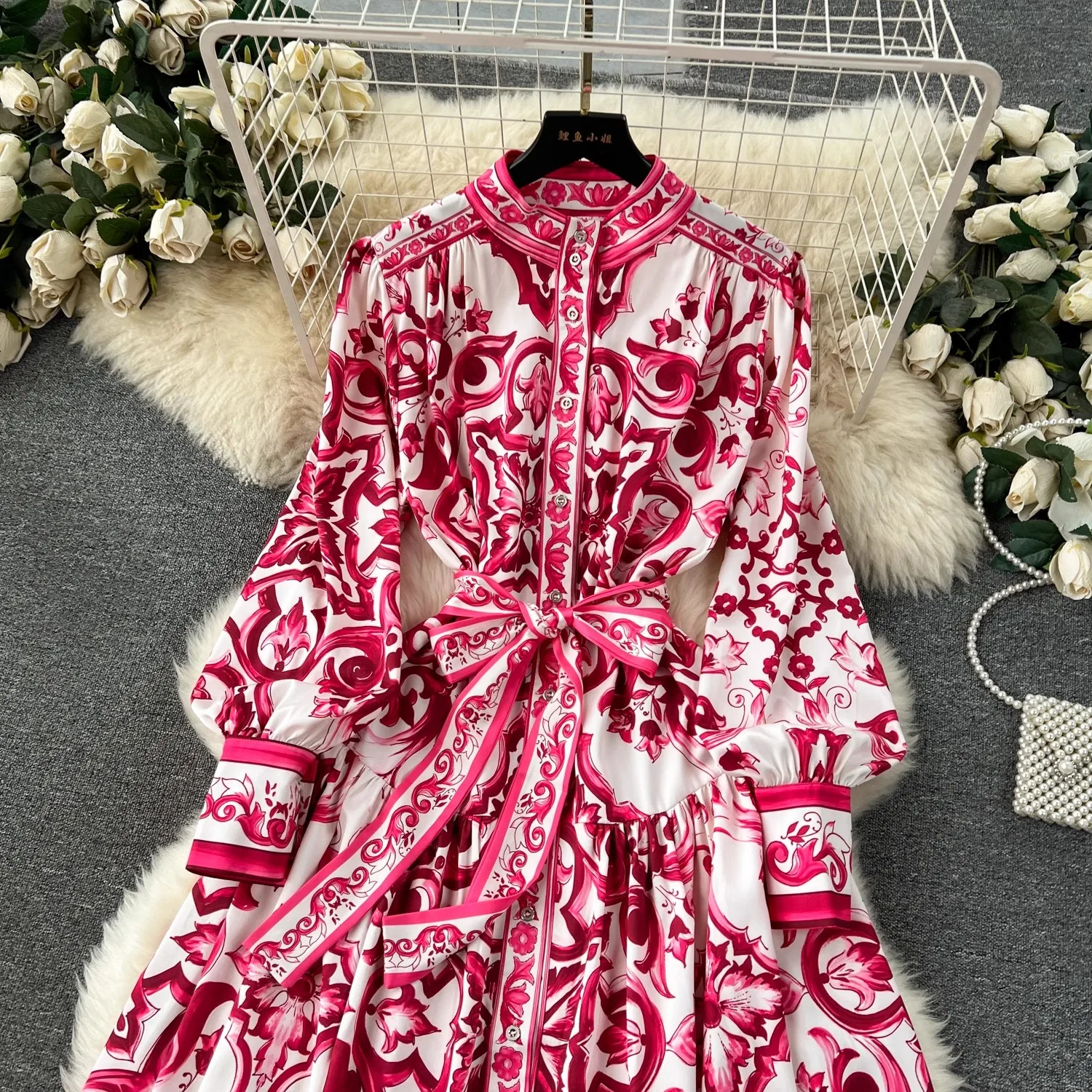 Runway Red Blue And White Porcelain Print Holiday Maxi Dress Women's Stand Single Breasted Loose Lace Up Belt Long Robe Vestido