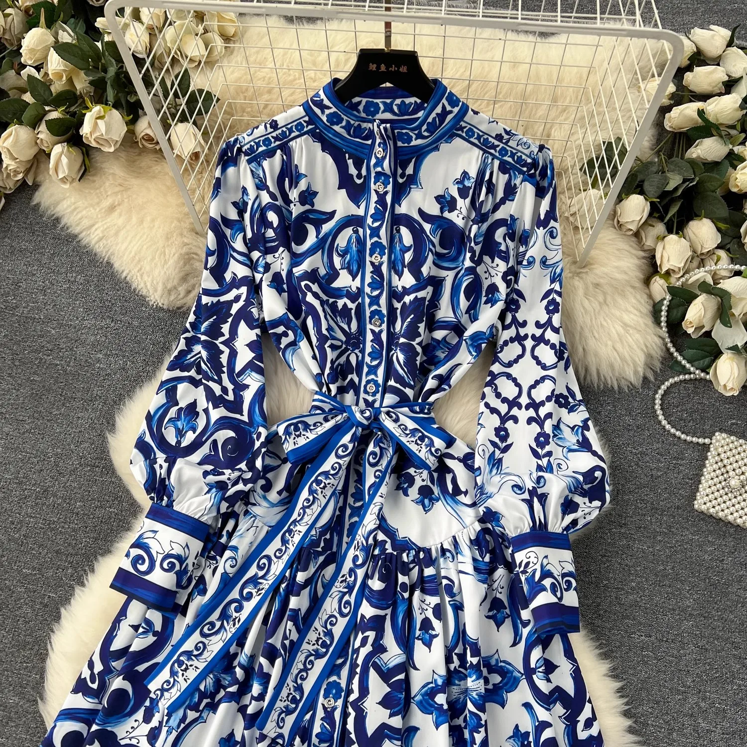 Runway Red Blue And White Porcelain Print Holiday Maxi Dress Women's Stand Single Breasted Loose Lace Up Belt Long Robe Vestido