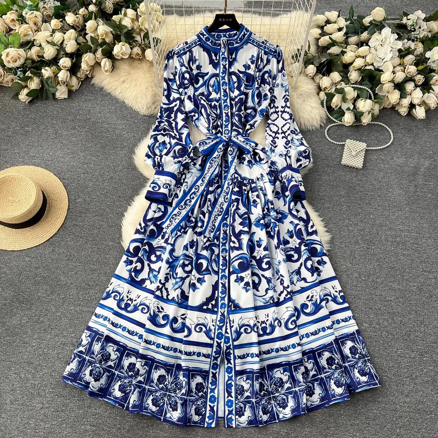 Runway Red Blue And White Porcelain Print Holiday Maxi Dress Women's Stand Single Breasted Loose Lace Up Belt Long Robe Vestido