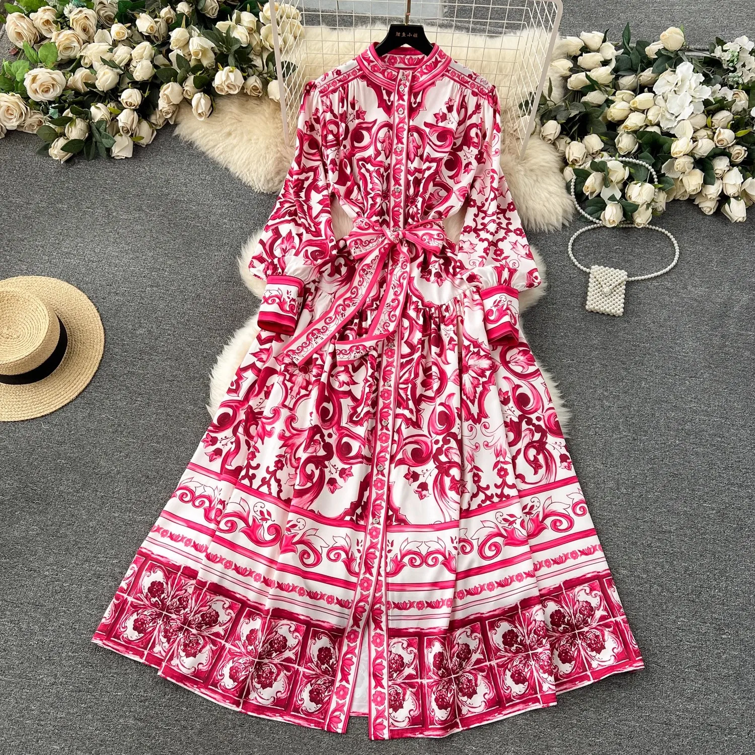 Runway Red Blue And White Porcelain Print Holiday Maxi Dress Women's Stand Single Breasted Loose Lace Up Belt Long Robe Vestido